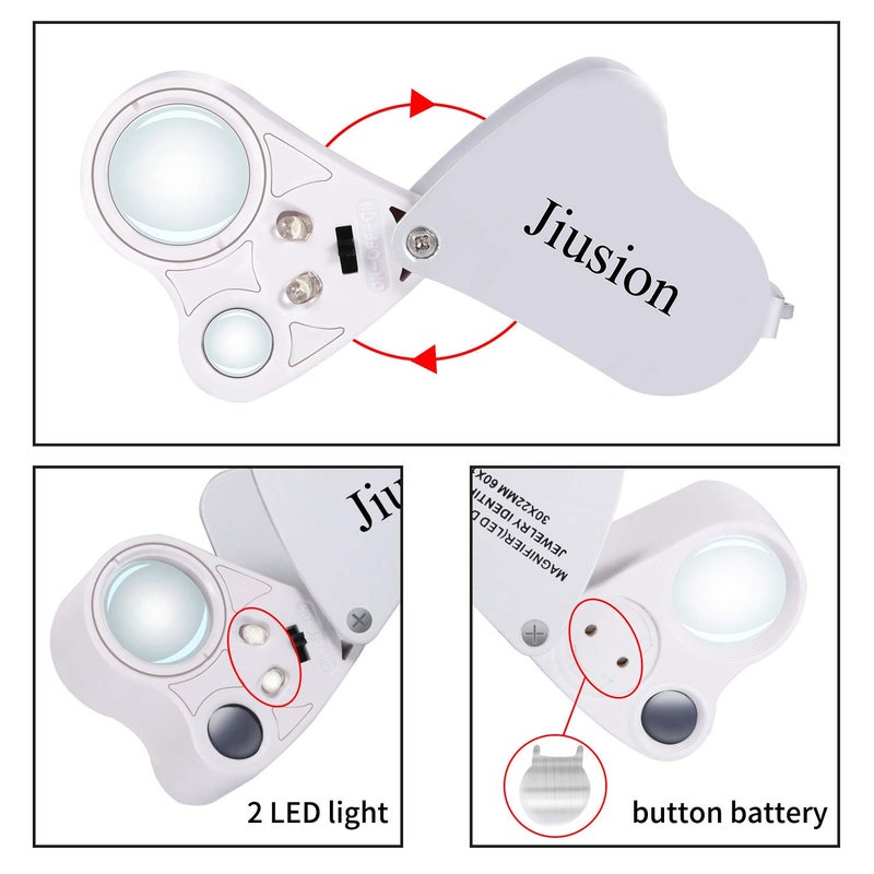 Jiusion Portable Lighted LED Illuminated Jewelry Magnifier 30X 60X Wearable Handheld Dual Lens Eye Loupe Magnifying Glasses Micro Microscope with Keychain and Lanyard - Image 3